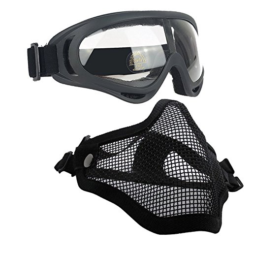 Airsoft Masks- Adjustable Half Metal Steel Mesh Face Mask And UV400 Goggles Set For Hunting, Paintball, Shooting