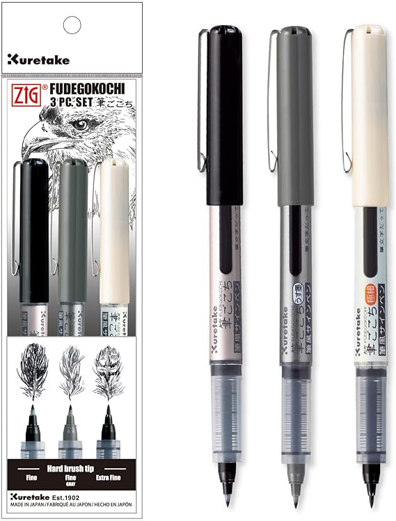 Kuretake ZIG FUDEGOKOCHI 3 pens set, AP-Certified, No mess, For beginners, Hand lettering, calligraphy, illustration, art, writing, sketching, outlining, drawing, cartoon, signature, Made in Japan