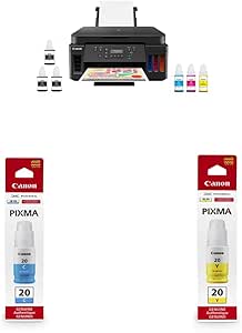 Canon PIXMA G6020 All-in-One Supertank Wireless (Megatank) GI-20 Cyan Ink Bottle, Compatible to PIXMA G6020 GI-20 Yellow Ink Bottle, Compatible to PIXMA G6020