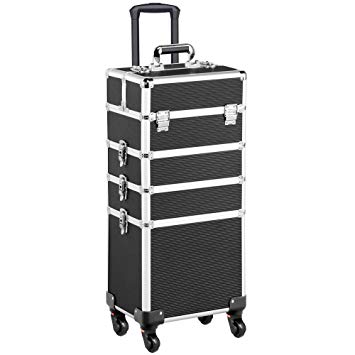 Yaheetech 4 in 1 Aluminum Rolling Cosmetic Makeup Train Case Trolley, 4 Removable Wheels Professional Artist Train Case Organizer Box with Hexagonal Telescopic Rod Lift Handle (Black)