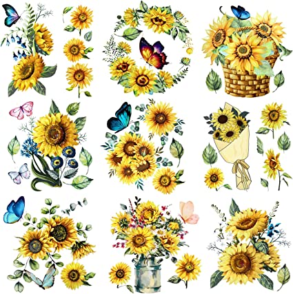 9 Sheets Sunflower Rub on Transfer for Furniture and Craft Christmas Vintage Flowers Butterflies Spring Rub on Decal Transfer Sticker for Craft Furniture Wood Decor, 5.5 x 5.7 Inches (Sunflower)