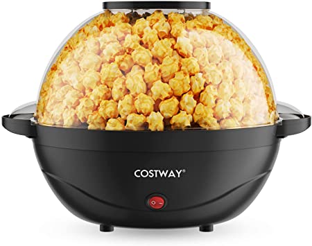 COSTWAY Electric Hot Oil Popcorn Popper Machine, 6 Quarts Fast Heat up Stirring Popper, Electric Popcorn Maker with Stirring Rod, Nonstick Plate, Dishwasher Safe, 24 Cups, 850W (Black)