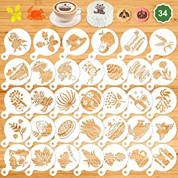 Thanksgiving Cookie Stencils Decoration, Konsait 34Pack Happy Thanksgiving Leaf Turkey Accessories, Welcome Autumn Template Stencils for Baking Royal Icing Cake Coffee DIY Painting Craft Harvest Maple