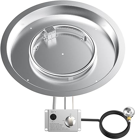 Skyflame 19" Round Stainless Steel Fire Pit Drop-in Burner Kit with CSA Certified, Flame Sensing, Electronic Spark Ignition, Propane Regulator Connector Hose Set for Propane Tank