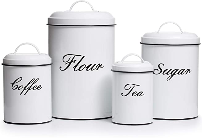Deppon Vintage Farmhouse Canister Set, 4-Piece Stainless Steel Food Storage Container, White
