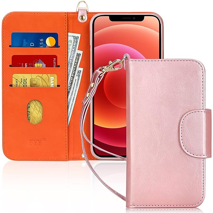 FYY Case Compatible for iPhone 12 /iPhone 12 Pro 6.1", [Kickstand Feature] Luxury PU Leather Wallet Case Flip Folio Cover with [Card Slots] and [Note Pockets] for iPhone 12/12 Pro 5G 6.1" Rose Gold