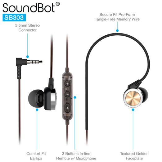 SoundBot¨ SB303 Memory Wire Frame Headset Ergonomic Secure-Fit Earbud Sports Active Earphone w/ Dynamic 10mm Titanium Transducer Driver, Acoustic Structure, In-line Control Mic In-Ear Noise Isolation