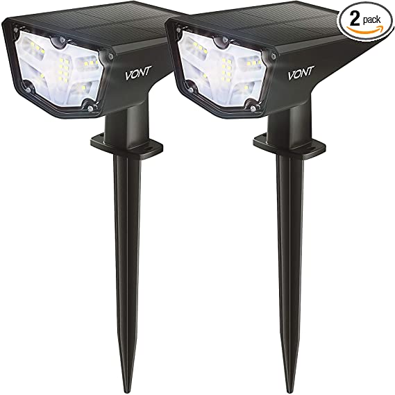 Vont 16 LEDs Outdoor Solar Lights [2 Pack] IPX7 Waterproof Landscape Spotlights, Garden Lights, Wireless Solar Powered Outdoor Lights/Lighting for Yard, Walkway, Driveway, Porch, Patio (Cool White)