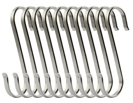 RuiLing 10-Pack Size Large Flat S Hooks Heavy-Duty Genuine Solid 304 Stainless Steel S Shaped Hanging Hooks,Kitchen Spoon Pan Pot Hanging Hooks Hangers Multiple uses.