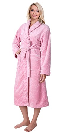 Hot Feet Women's Pink Bath Robe - Warm Embossed Fleece Shawl Collar & Wrap Front