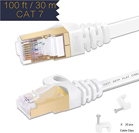 Cat7 Ethernet Cable, 100ft（30.5 Meters） - White Flat Internet Wire Network Cable - Ikerall Computer LAN Cable High Speed Internet Cable with Snagless RJ45 Connectors   Free White Wire Clips