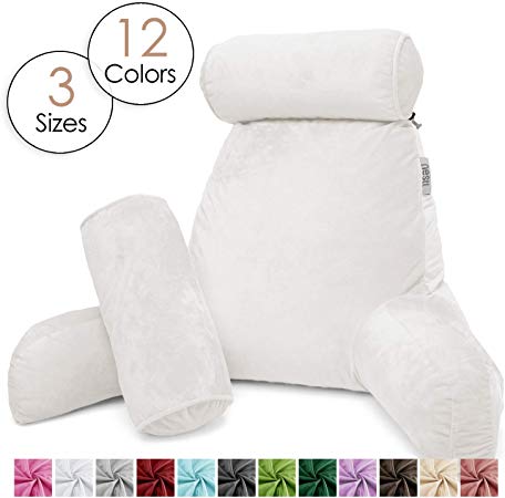 Nestl Reading Pillow, Includes 1 Extra Large Bed Rest Pillow with Arms and Pockets   2 Detachable Pillows - Premium Shredded Memory Foam TV Pillow, Neck Roll & Lumbar Support Pillow - Set of 3 - White