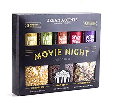 Urban Accents MOVIE NIGHT Popcorn Kernels and Popcorn Seasoning Variety Pack (set of 8) - 3 Non-GMO Popcorn Kernal Packs and 5 Gourmet Popcorn Snack Seasoning- Perfect Gift for any Occasion