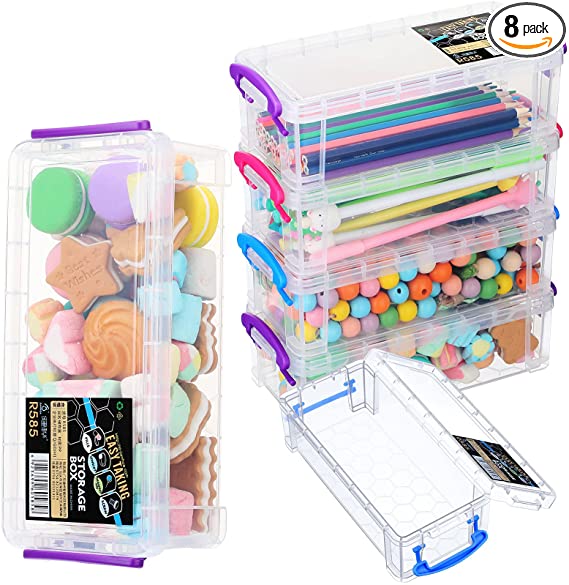 8 Pieces Large Capacity Pencil Box Stackable Clear Plastic Storage Organizer Painting Brush Storage Box Translucent Watercolor Pen Case with Snap Button Lid (8.5 x 4 x 2.6 Inch, Bright Color)