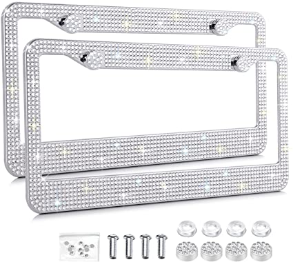 Ohuhu Bling License Plate Frames 2 Pack White with Mounting Accessories, Luxury Handcrafted Premium Rhinestone Glitter Sparkly License Plate Frame