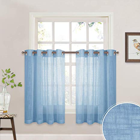 RYB HOME Semi Sheer Linen Textured Wave Pattern Curtains, Half Window Privacy Sheer Drapes for Bedroom/Boys Room Filter Light Glare Voile, Width 52 in x Length 36 in per Panel, 2 Pcs, Baby Blue