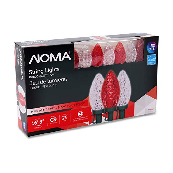 NOMA LED Christmas Lights | 25-Count C9 Red and Clear Pure White Bulbs | 16' 8" String Light | UL Certified | Outdoor & Indoor