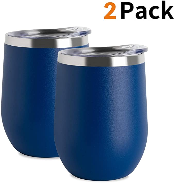 Jearey Stemless Wine Glass Tumbler 12 oz Stainless Steel Double Wall Vacuum Insulated Wine Cup with Lid Travel Friendly (2 Pack, Navy)