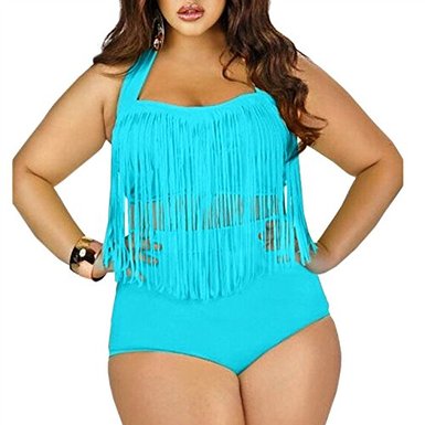 Teenloveme® Womens Retro High Waist Bikini Sets Plus Size Monokini Swimwear Fringe Tops Tassel One-piece Swimsuits Tankini Swimming Costume