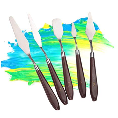 GOCTOS Painting Knife, 5 PCS Palette Knives Set Paint Scraper for Watercolor Oil Acrylic/Crafts/Rock/Face Painting, Basic Painting Tools Kit with Stainless Steel Blade and Wooden Handles