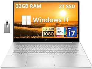 HP Envy 17.3" FHD IPS Laptop, Intel Core i7-1260P, 32GB RAM, 2TB PCIe SSD, Backlit Keyboard, Intel Iris Xe Graphics, 5MP IR camera, Windows 11, Silver, 32GB Hotface USB Card (Renewed)