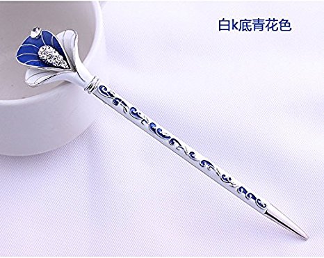 Fashion Hair Decorative Chinese Traditional Style Women Girls Hair Stick Hairpin Hair Making Accessory with Lotus 1pc/package (dark blue with white)