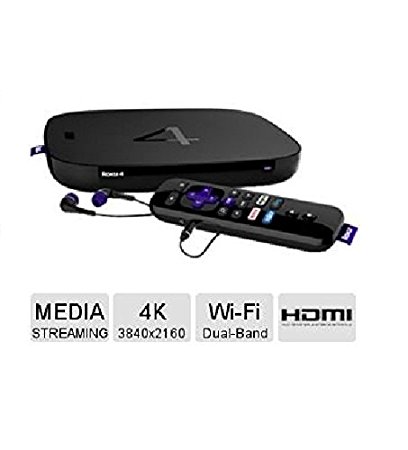 Roku 4 Wi-Fi Ultra HD 4K Streaming Media Player with Earbuds,HDMI Cable and Enhanced Remote with Voice Search