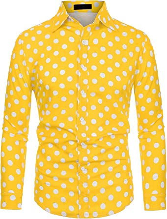 uxcell Men's Shirts Polka Dots Long Sleeve Slim Fit Printed Dress Button Down Shirt