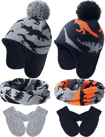 6 Pieces Winter Toddler Boys Hat Dinosaur Warm Mittens Scarf Set Pompom Baby Beanie Knitted Baby Hat Scarf Gloves Earflap