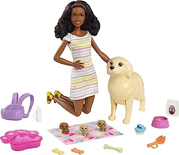 Barbie Doll and Pets, Brunette Doll with Mommy Dog, 3 Newborn Puppies with Color-Change Feature and Pet Accessories