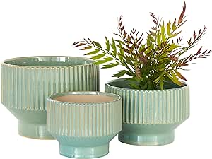 Deco 79 Ceramic Indoor Outdoor Planter Wide Small Planter Pot with Linear Grooves and Tapered Bases, Set of 3 Planters 10", 8", 7"W, Green