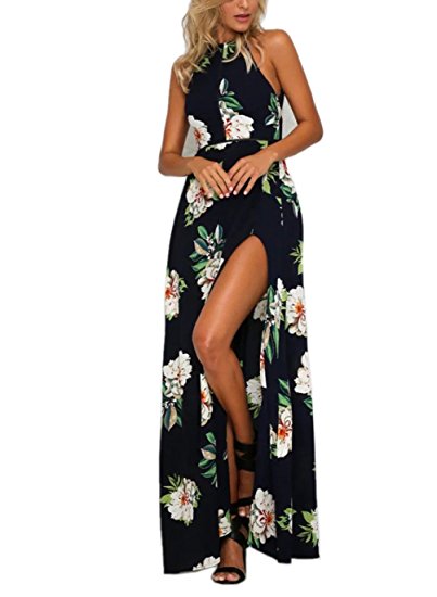 FFLMYUHULIU Women's Sexy Split Floral Off-shoulder Beach Party Maxi Dress