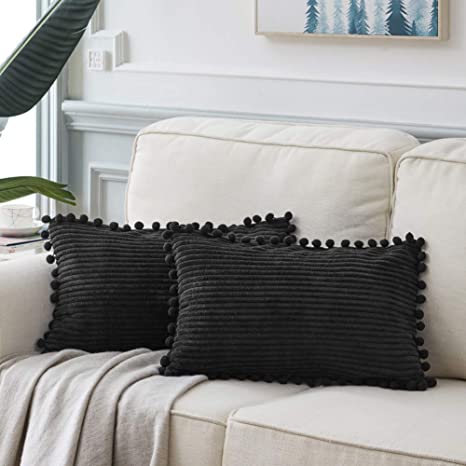 Fancy Homi Pack of 2 Black Lumbar Decorative Throw Pillow Covers with Pom-poms, Soft Corduroy Solid Rectangle Cushion Cases Set for Couch Sofa Bedroom Car Living Room (12x20 Inch/30x50 cm, Black)