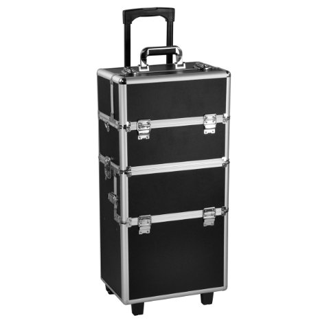 Yaheetech 2-wheel 2-in-1 Professional Multifunction Artist Rolling Trolley Makeup Beauty Train Case Cosmetic Organizer W/shoulder Straps (Black)