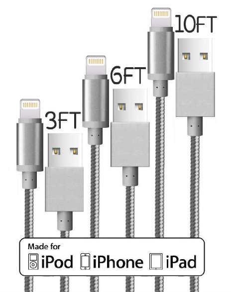 3 Pack 3FT 6FT 10FT Extra Long Premium Quality Nylon iPhone Lightning Cable Charging Cable USB Cord for iPhone SE 6S, 6S Plus, 6Plus, 6,5S 5C 5,iPad Mini, Air,iPad5,iPod Compatible with iOS9 (Gray)