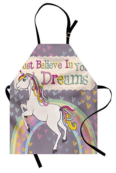 Ambesonne Teen Girls Apron, Unicorn Figure with Believe in Your Dreams Inspiring Quote Illustration, Unisex Kitchen Bib Apron with Adjustable Neck for Cooking Baking Gardening, Lilac and Beige