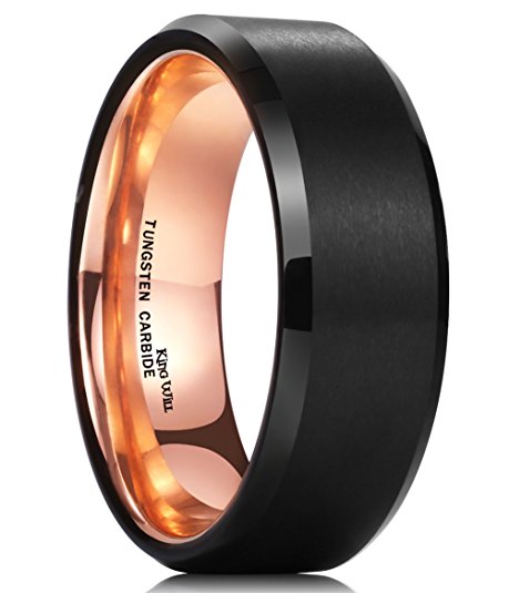 King Will DUO Men 8mm Matte Brushed Black Tungsten Carbide Ring 18K Rose Gold Plated Comfort Fit Wedding Band