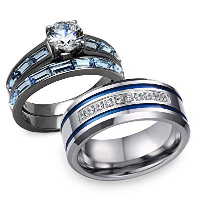Bellux Style His and hers 3 pcs Stainless Steel Romatic Blue Theme Couple Rings Wedding Band