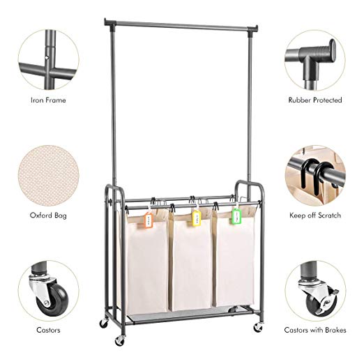 XCSOURCE Laundry Sorter with Hanging Bar Laundry Hamper Sorter Cart Laundry Trolley Laundry Cart Sorter with Rod Hanging Bar, 3 Durable Detachable Oxford Bags Metal Frame Capacity 130 L(Beige)