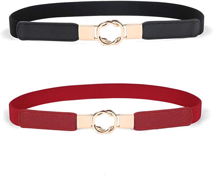 JASGOOD 2 Pack Women Retro Elastic Stretchy Metal Buckle Skinny Waist Belt 1 inch Wide