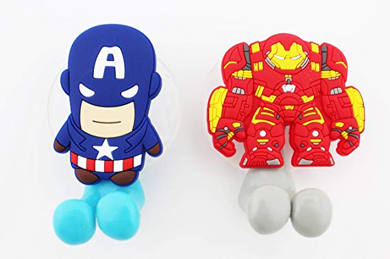 FinexSet of 2 MARVEL AVENGERS Captain America & Ironman Toothbrush Holders with Suction Cup for wall in bathroom at home