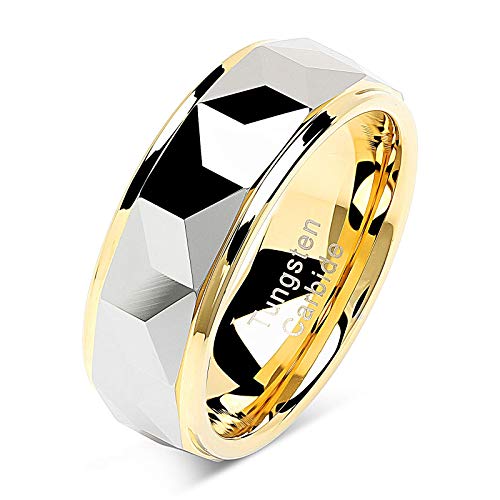 100S JEWELRY Tungsten Rings for Men Women Wedding Band Polished Facet Cut Gold Step Edge Sizes 6-16