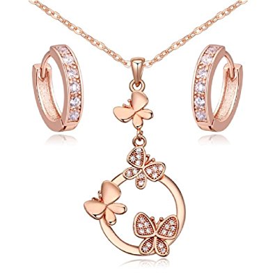 Butterflies Set White Zirconia Austrian Crystals Pendant Necklace 18" Huggies Earrings 18 ct Rose Gold Plated
