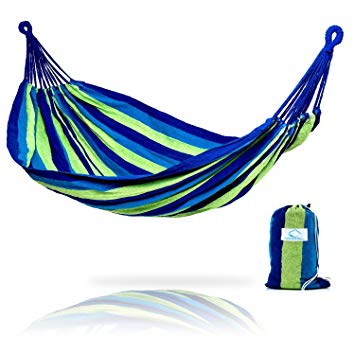 Hammock Sky Brazilian Double Hammock - Two Person Bed for Backyard, Porch, Outdoor and Indoor Use - Soft Woven Cotton Fabric for Supreme Comfort (Blue & Green Stripes)