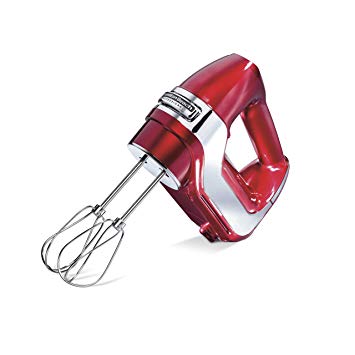 Hamilton Beach 62653 5-Speed Electric Hand Mixer, with Stainless Steel Twisted Wire Beaters, Whisk, Dough Hooks, and Snap-On Storage Case, One Size, Red and Chrome