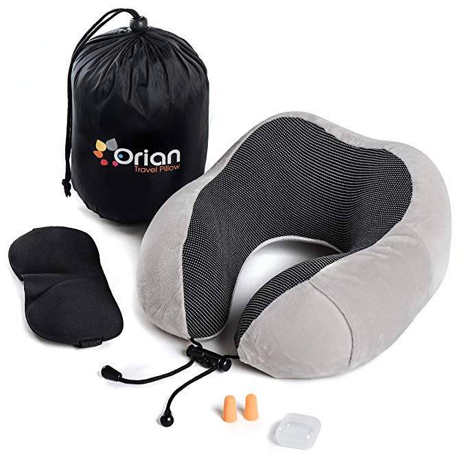 Orian Travel Pillow Set, Pure Memory Foam, Full Head & Neck Support, The Best Travel Set on an Airplane\Car\Bus Incl. Luxury Eye Mask, Earplugs & Large Side Cellphone Pocket -White