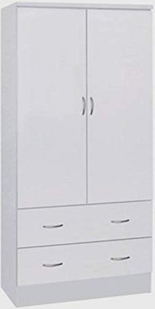 Hodedah Two Door Wardrobe, with Two Drawers, and Hanging Rod, White