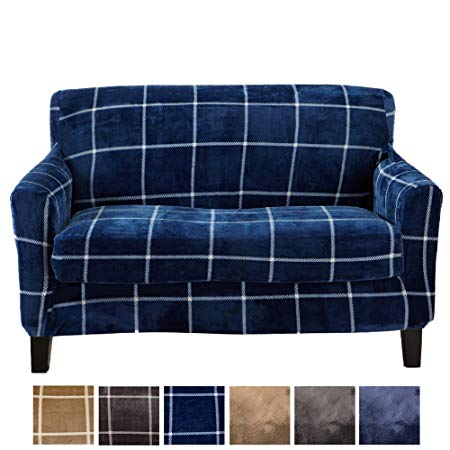 Great Bay Home 2 Piece Modern Velvet Plush Strapless Slipcover. Stretch Furniture Cover. Sorrento Collection (Loveseat, Navy)