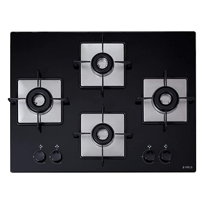 Elica Hob 4 Italian Burner Auto Ignition Glass Top - 2 Big Lotus and 2 Medium Lotus Burner Gas Stove (Flexi HCT 470 DX Lotus BK)