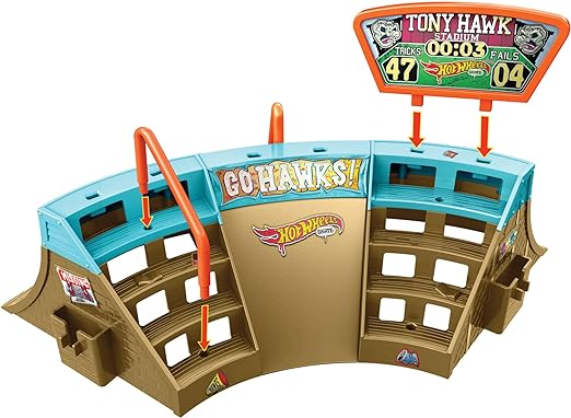 Hot Wheels Skate Stadium Set with Exclusive Fingerboard Designed with Tony Hawk, 1 Removable Pair of Skate Shoes, Toy Storage for Finger Skateboards